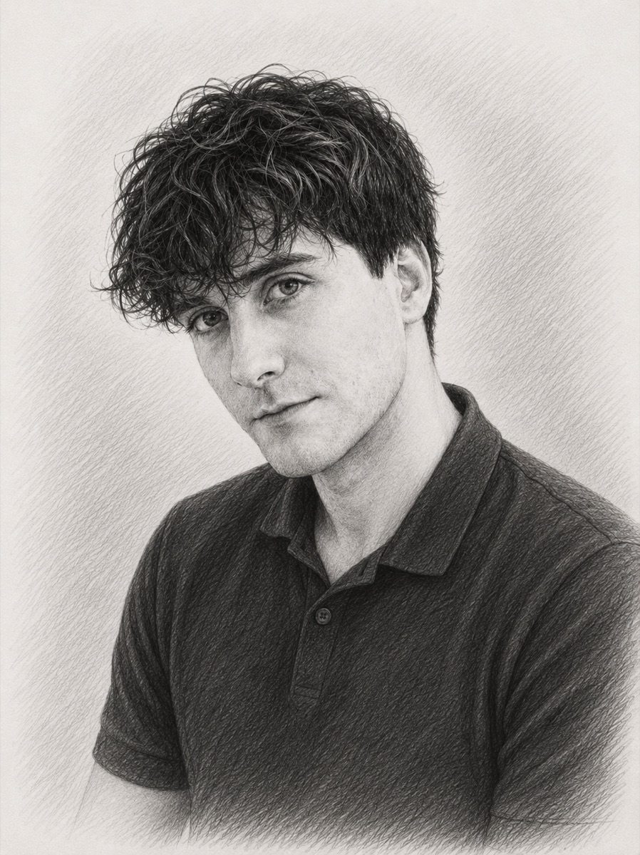 Hand-drawn pencil portrait of Tim Kunze